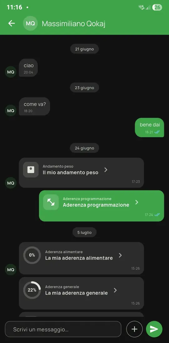 Chat coach-cliente — tema scuro